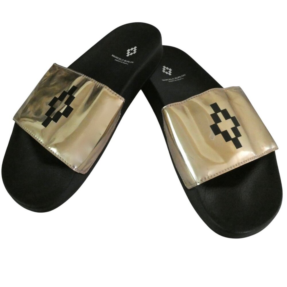 MARCELO BURLON County of Milan gold metallic Bai pool slides IT 41 M 8 W 10 NWOT